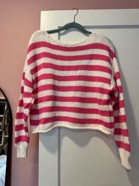 Aerie Striped Pink and White Knit Cotton Sweater - Women's Casual Pullover